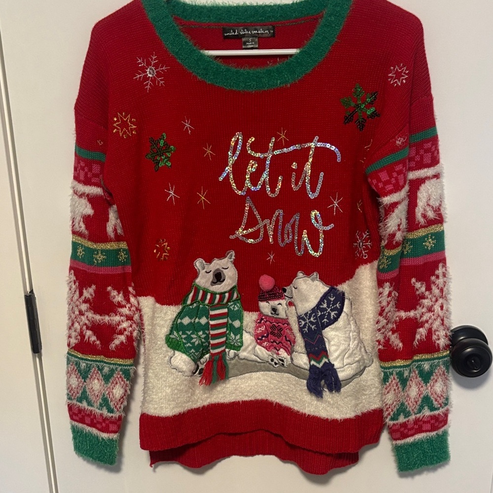 United States Cute Christmas Sweaters Festive Red and Green Polar Bear Sweater